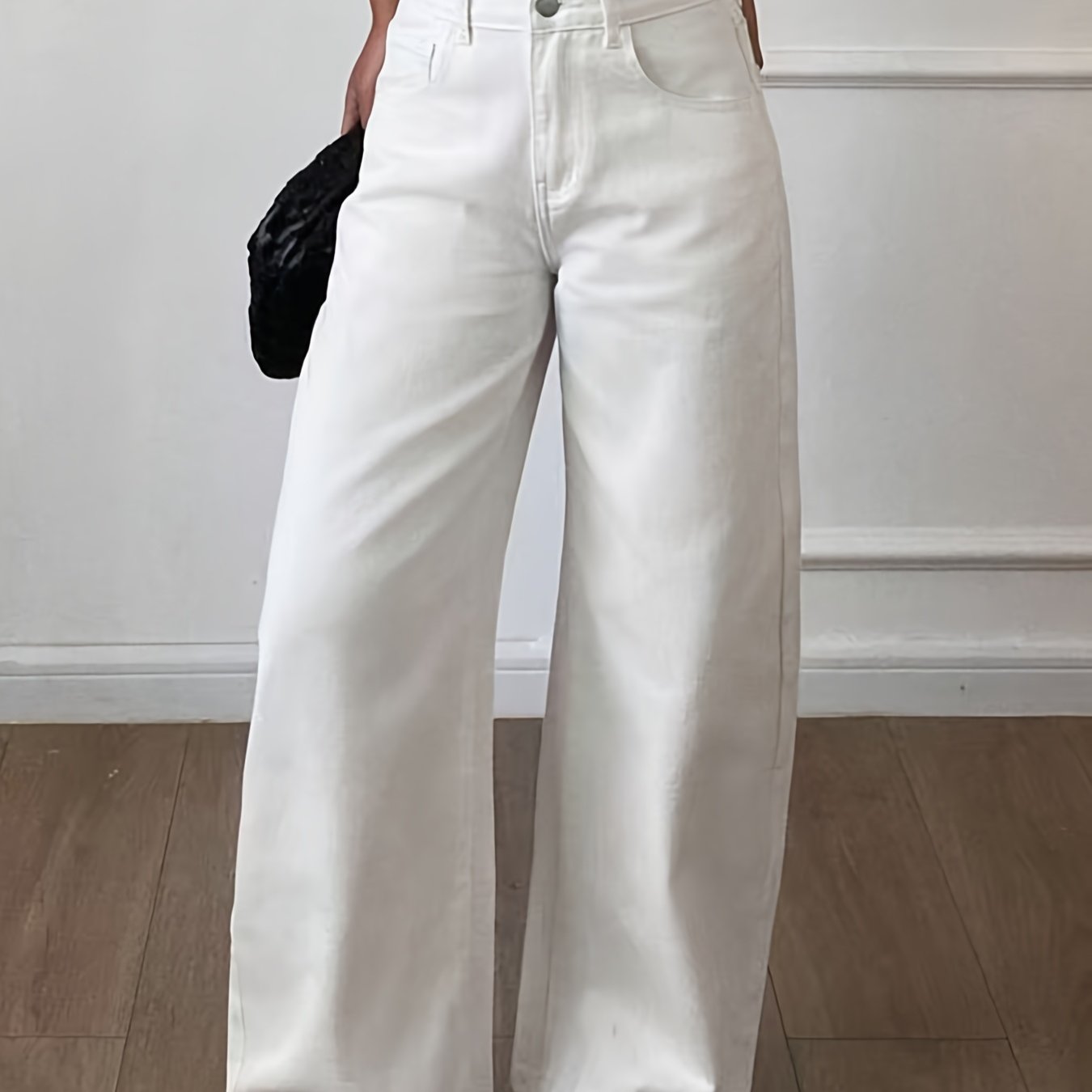 Image of Ladies' Elastic, Fashionable And Loose Wide-leg Denim Trousers, Classic Washed White Casual Pants, Suitable For , Outdoor Activities, Sports, Shopping, Work And Weekend Casual Wear