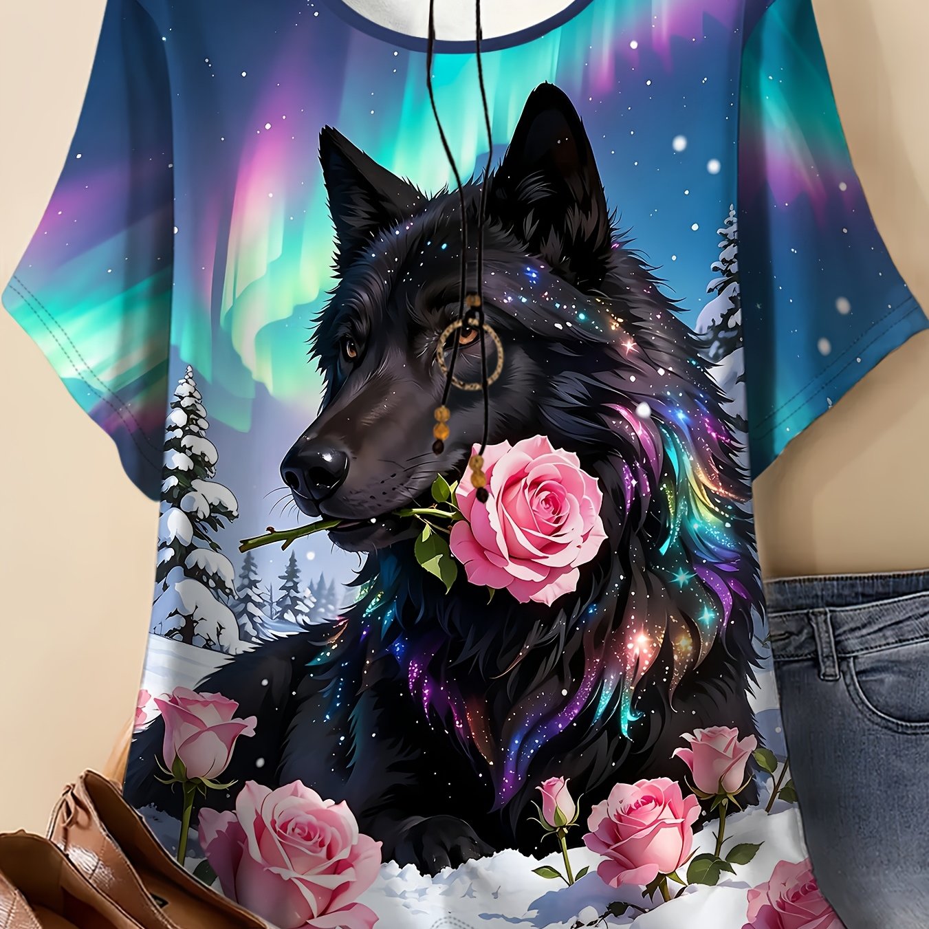 TEMU Women's Plus Size Round Neck Short Sleeve T-shirt, Aurora Black Wolf Rose Print, Soft And Breathable Casual Top