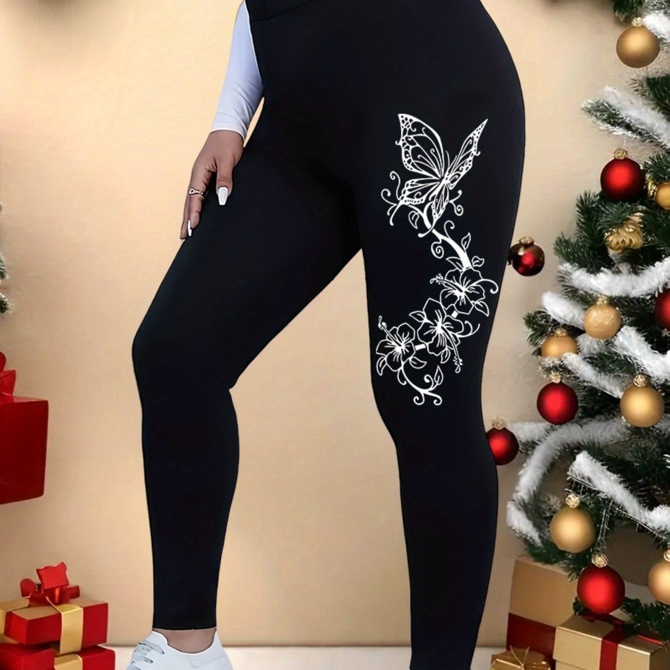 TEMU Plus Size - Plus Size - Christmas Oversized Casual Pants, Women's Printed Stretchy High-waisted Leggings With Elasticity