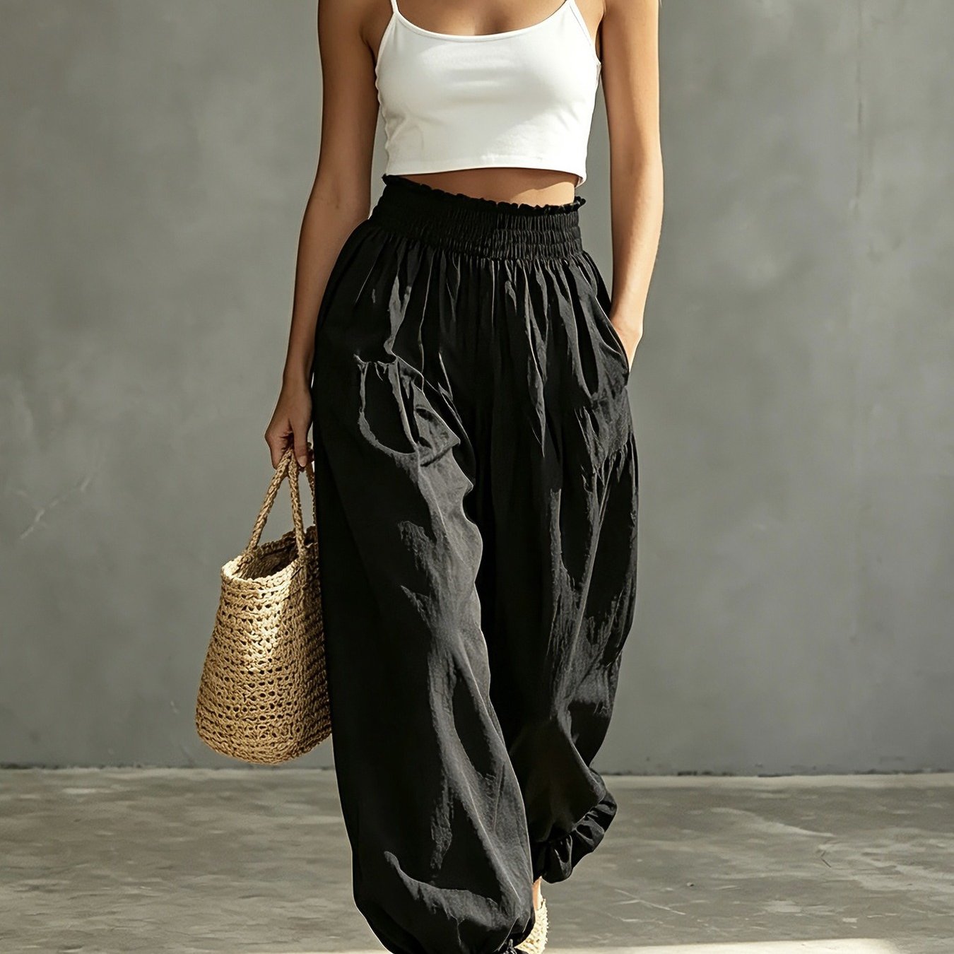 High-waisted Straight Lantern Pants - Solid Color Trousers With Hem, Loose-fit Tapered Bottoms, Machine Washable Non-stretch Pants Suitable For Casual Summer Outfits, Office Wear & Wardrobe