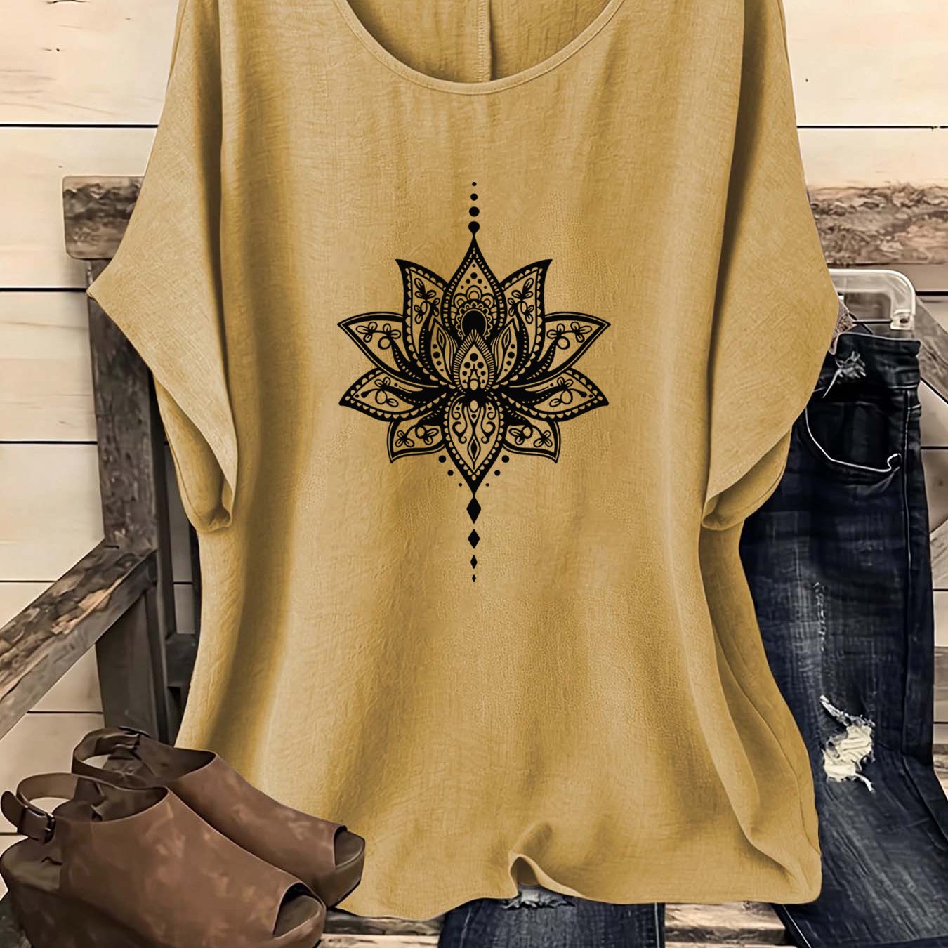 TEMU Chemise pour femme de style bohème simple européen et américain à imprimé vintage, décontractée, à col rond et à manches courtes, 1 pièce,