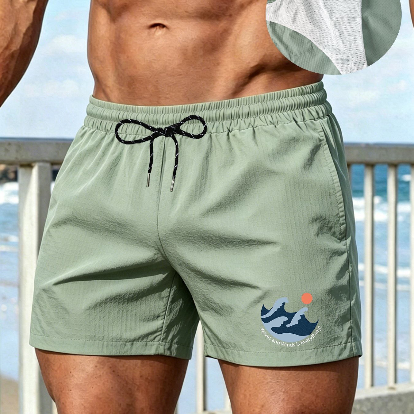 TEMU Men's Lightweight Woven Bubble Mesh Swim Shorts With Built-in Triangle Mesh Liner & Wave Slogan Print - Elastic Waist Drawstring Shorts Suitable