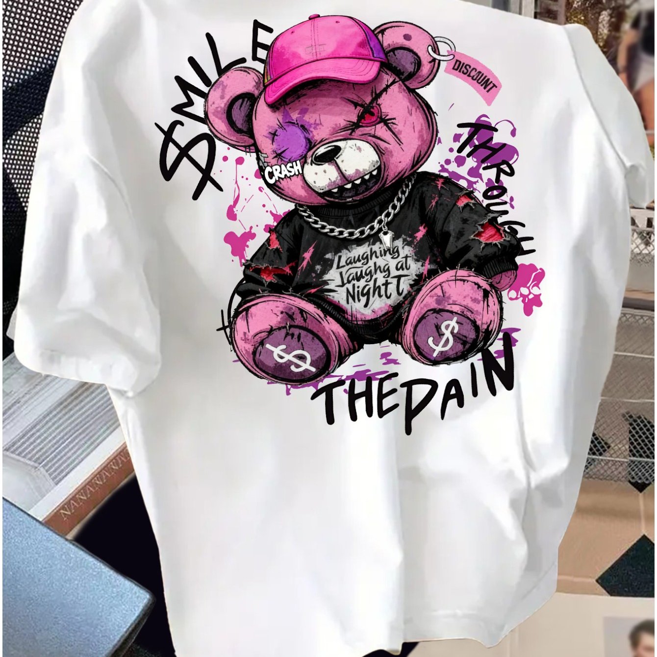 TEMU Camiseta Y2K de moda para hombre con estampado de oso, adecuada para uso diario casual, , camiseta de cuello para hombre, de ajuste holgado