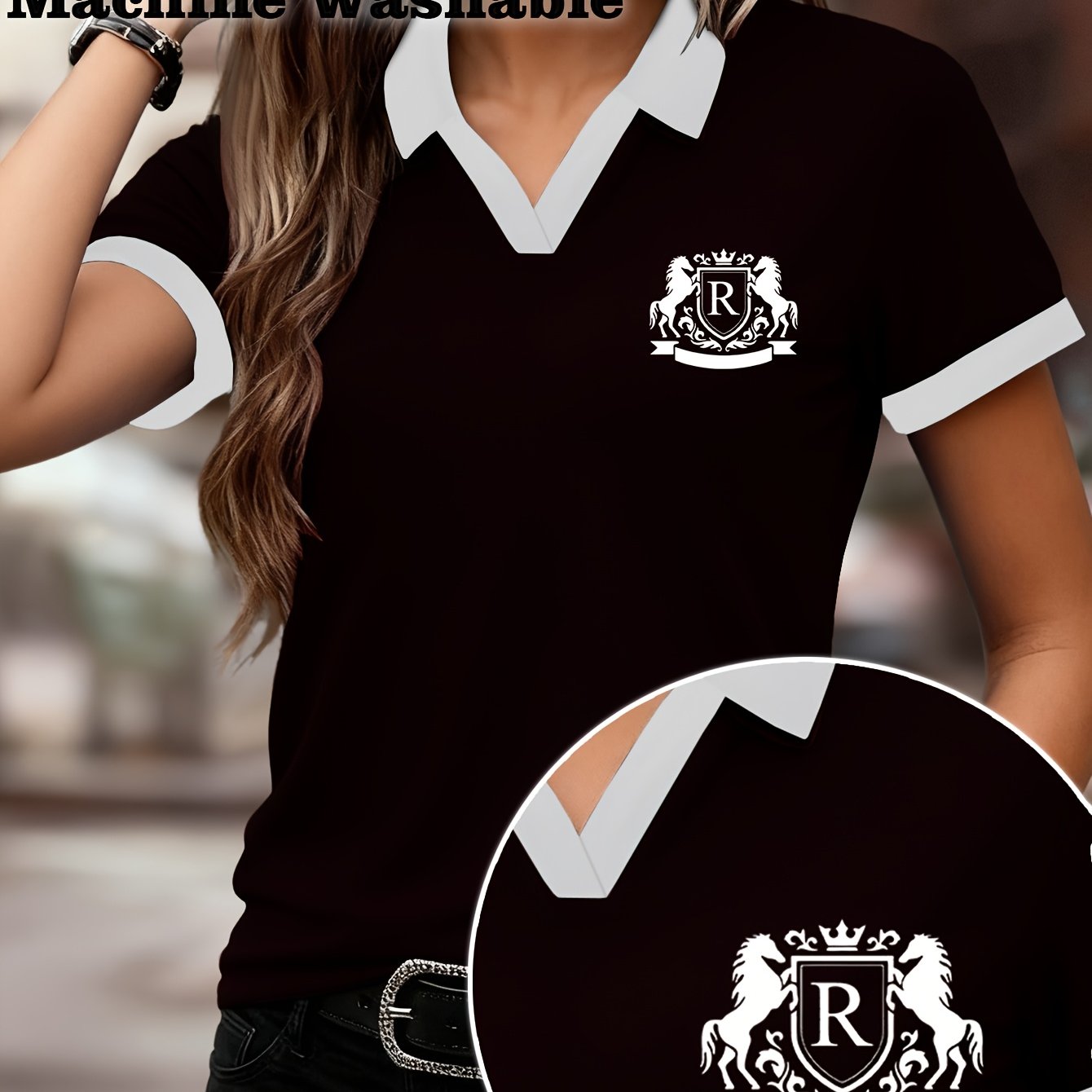 TEMU Women' & -themed Shirt - Short Sleeve Casual Top With Collar, Horse Letter Print (), Relaxed Fit For Outdoor Riding & Casual Attire, Machine