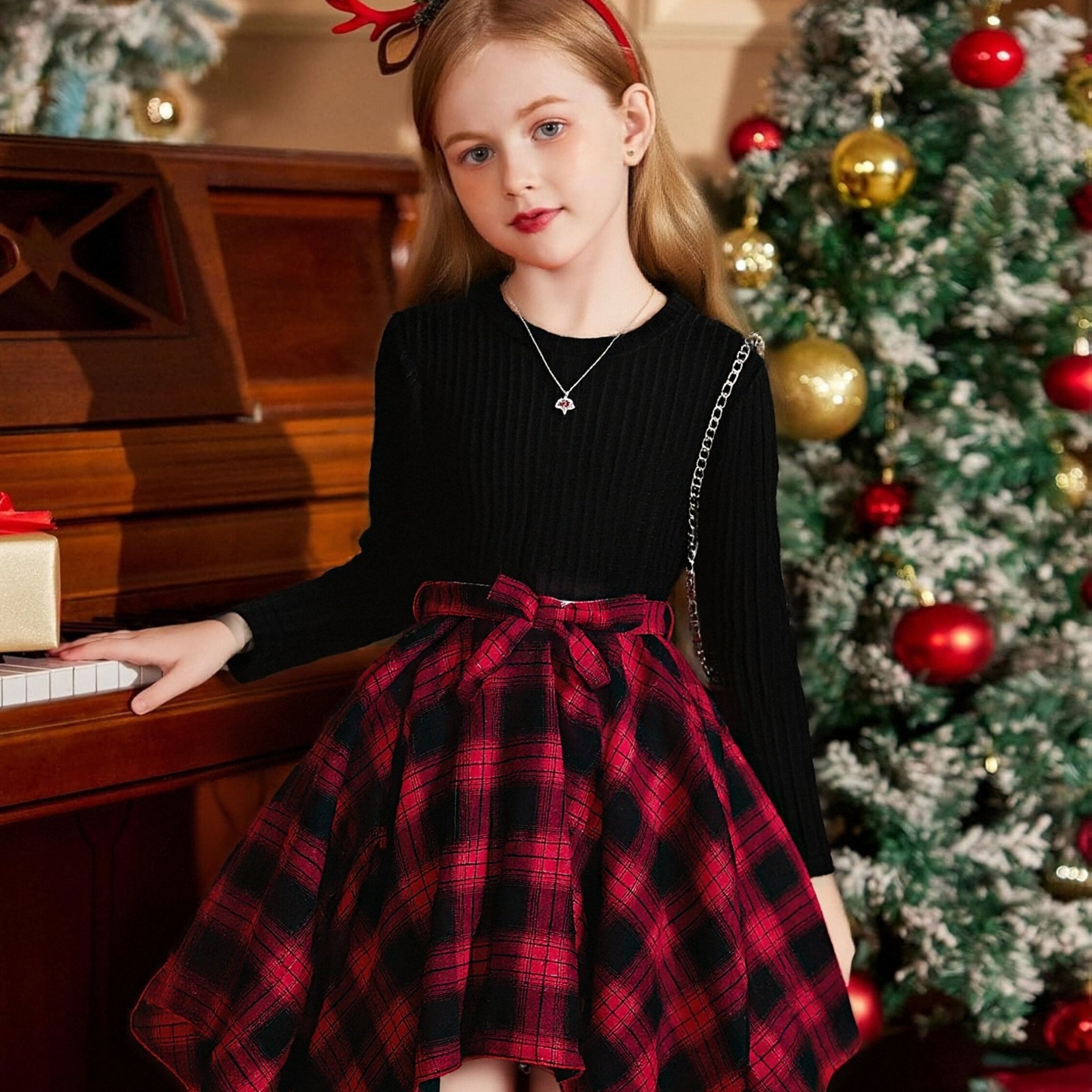 Image of Young Girl Plaid Striped Asymmetrical Hem Cinched Waist Casual Long Sleeve Dress, Suitable For Autumn Winter