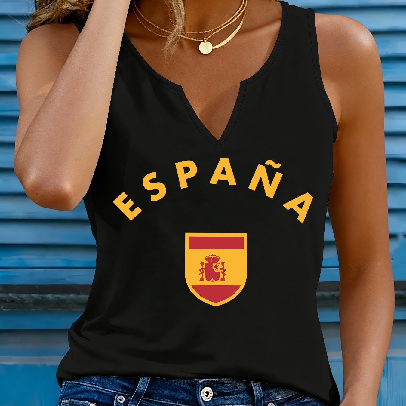 TEMU Top elegante sin con cuello en V para mujer - de tela de fácil cuidado, lavable a máquina, con un diseño estampado y moderno