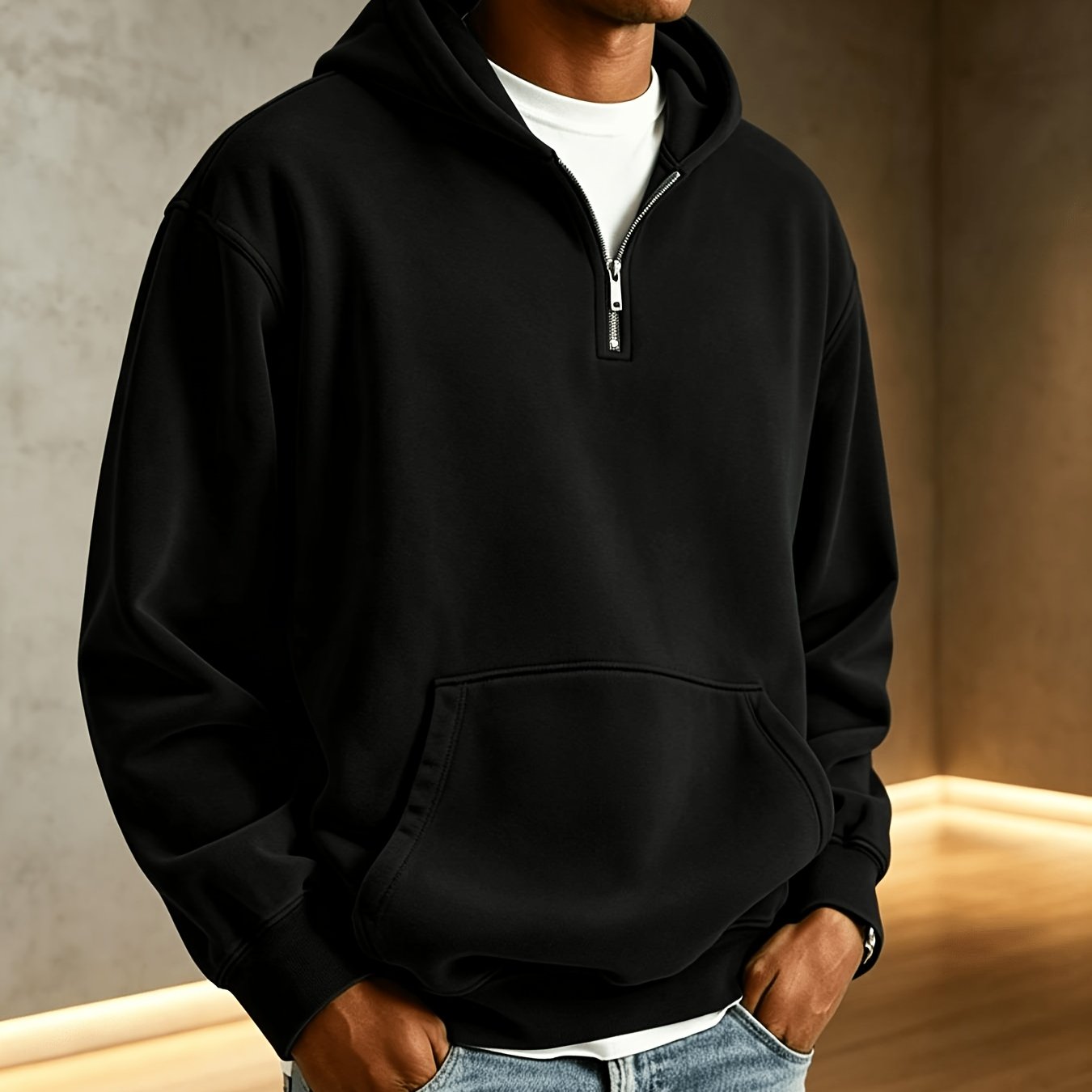 TEMU Easy Solid Color Half-zip Hooded Sweatshirt, Kangaroo Pocket Loose Fit, Casual Pullover For Campus, , And Dates
