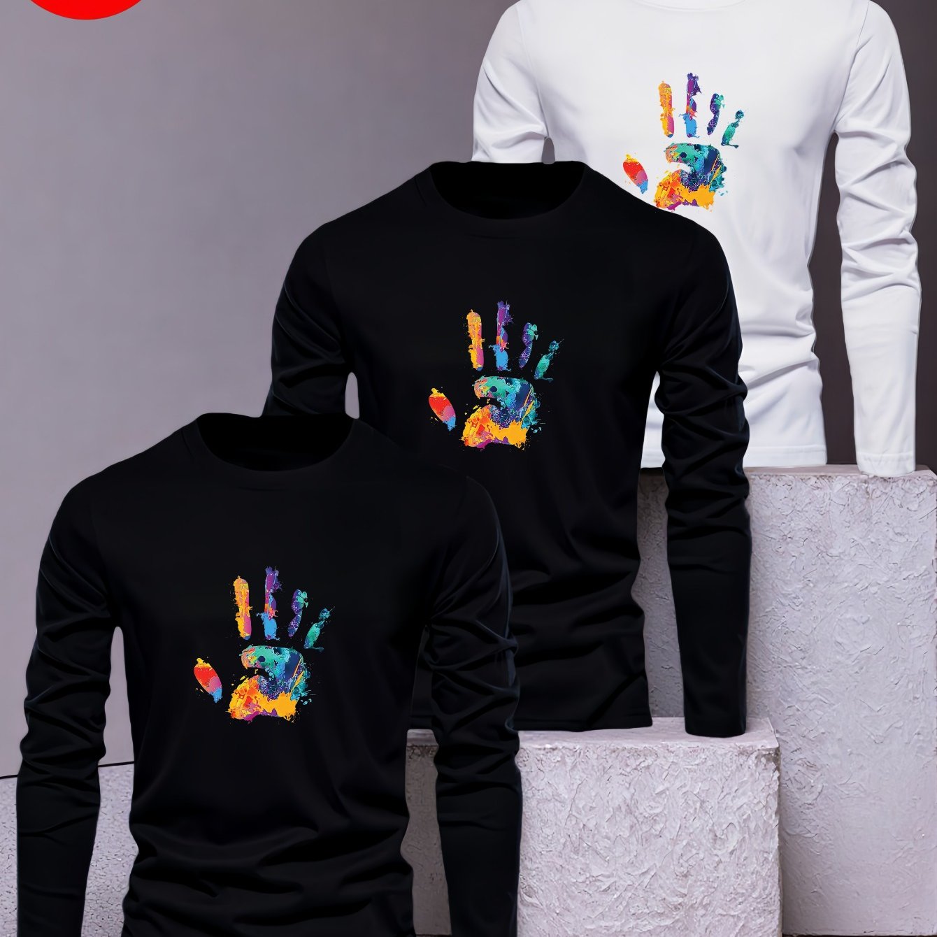 Image of 3pcs Men's Black And White Long-sleeve T-shirts | Colorful Handprint Design With Vibrant Paint , , Breathable, Classic Round Neck, , Durable Fabric, Machine Washable - Ideal For Casual And Formal Wear