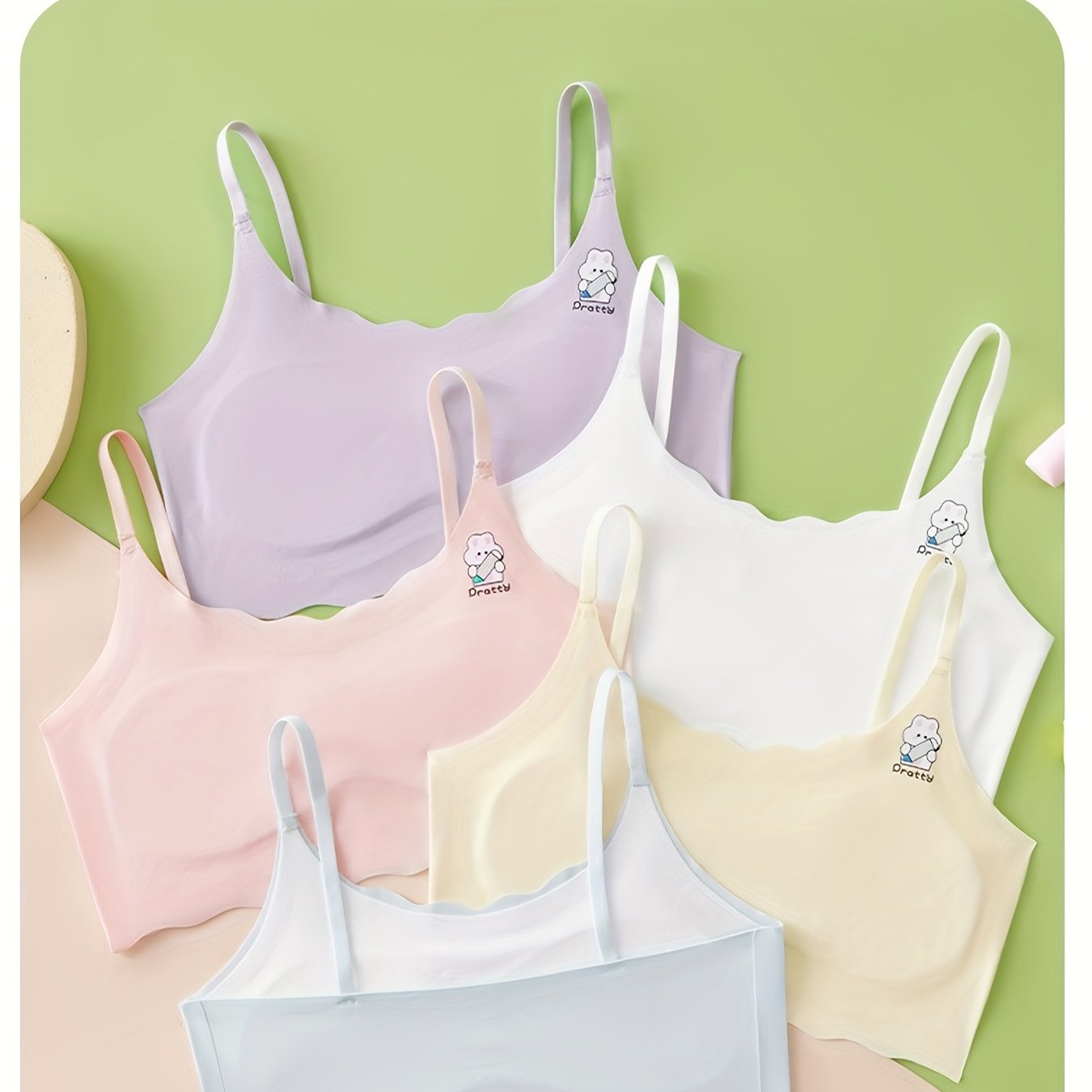 TEMU 5pcs Set Seamless Breathable Girls' Camisole Underwear, Development Underwear For School Students, Cartoon Cute Little Vest, Suitable For All , Girls' Bra With Double-layer Fixed Cup Pads