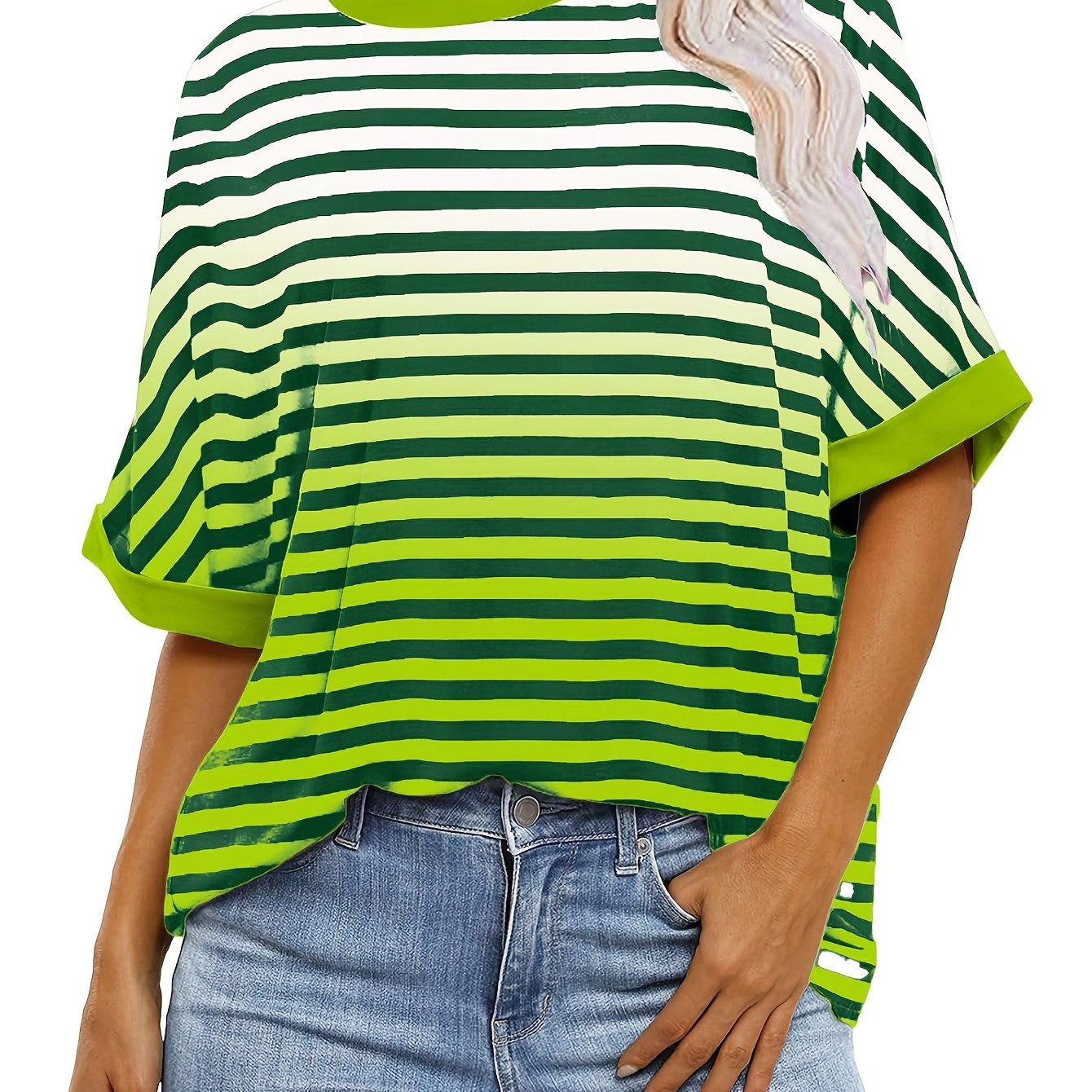 Image of Oversized Women's Fashionable Elegant Large Size Top Loose Style Shirt Round Neck Striped Short Sleeve T-shirt
