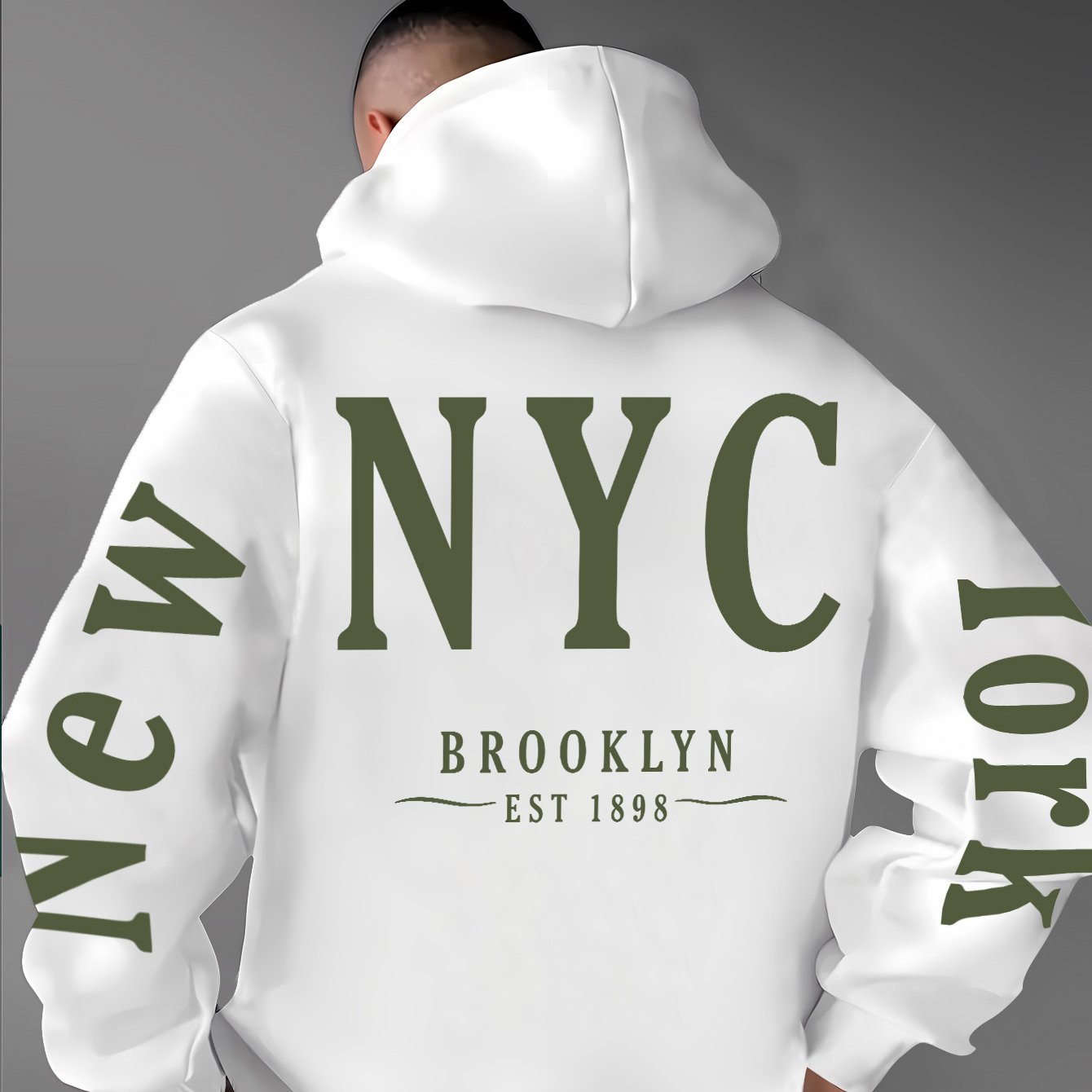 Image of New Arrival Men's Plus Size White Hoodie With Back Nyc Brooklyn Letter Print For Outdoor Street Wear Comfortable And Cool Versatile Top With Print, Plus Size