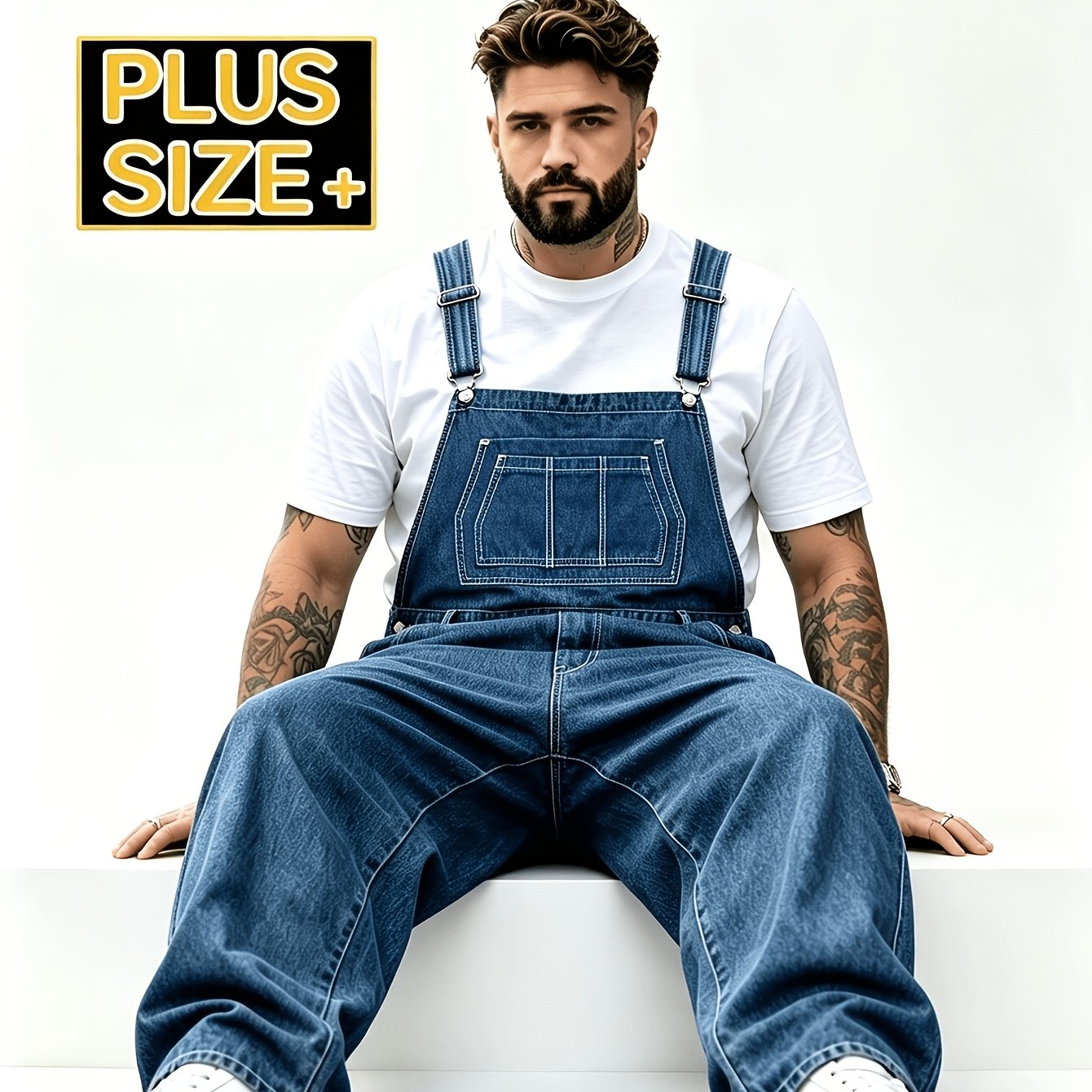 TEMU Men's Plus Size Vintage Ripped Denim Overalls American Loose Wide Leg Workwear Jumpsuit Pants