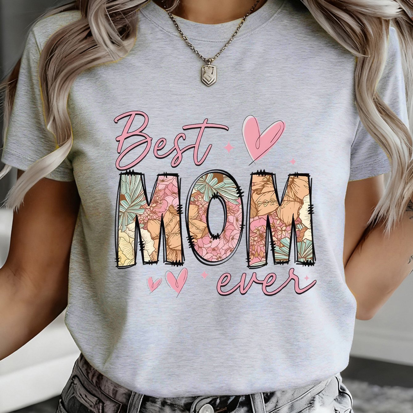 TEMU Eternal Floral Themed Print Design, Pink Handwritten Script With Heart And Star Decorations, Directional Print Sweatshirt, Spring/summer Crew