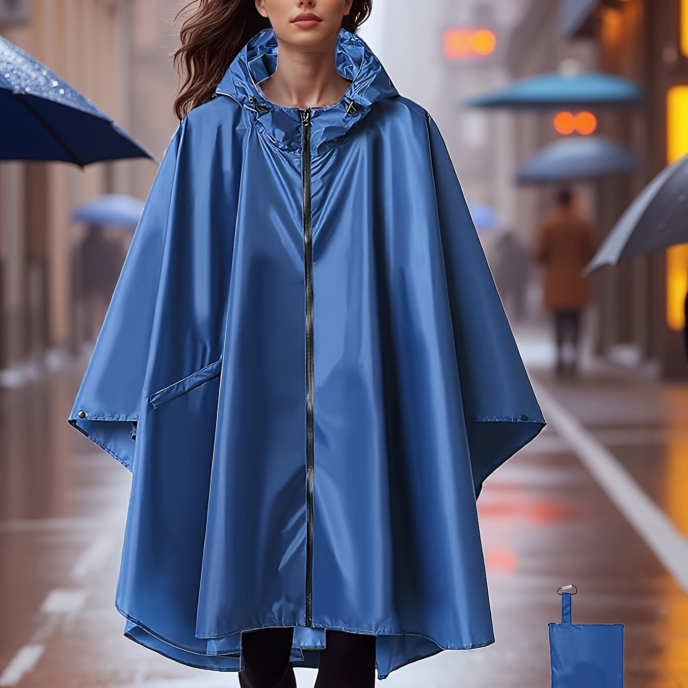 TEMU 1pc Rain Cape With Large Pockets, Adult Hooded Poncho-style Raincoat With Zipper, Lightweight Unisex Rainwear Suitable For, Camping, And Outdoor