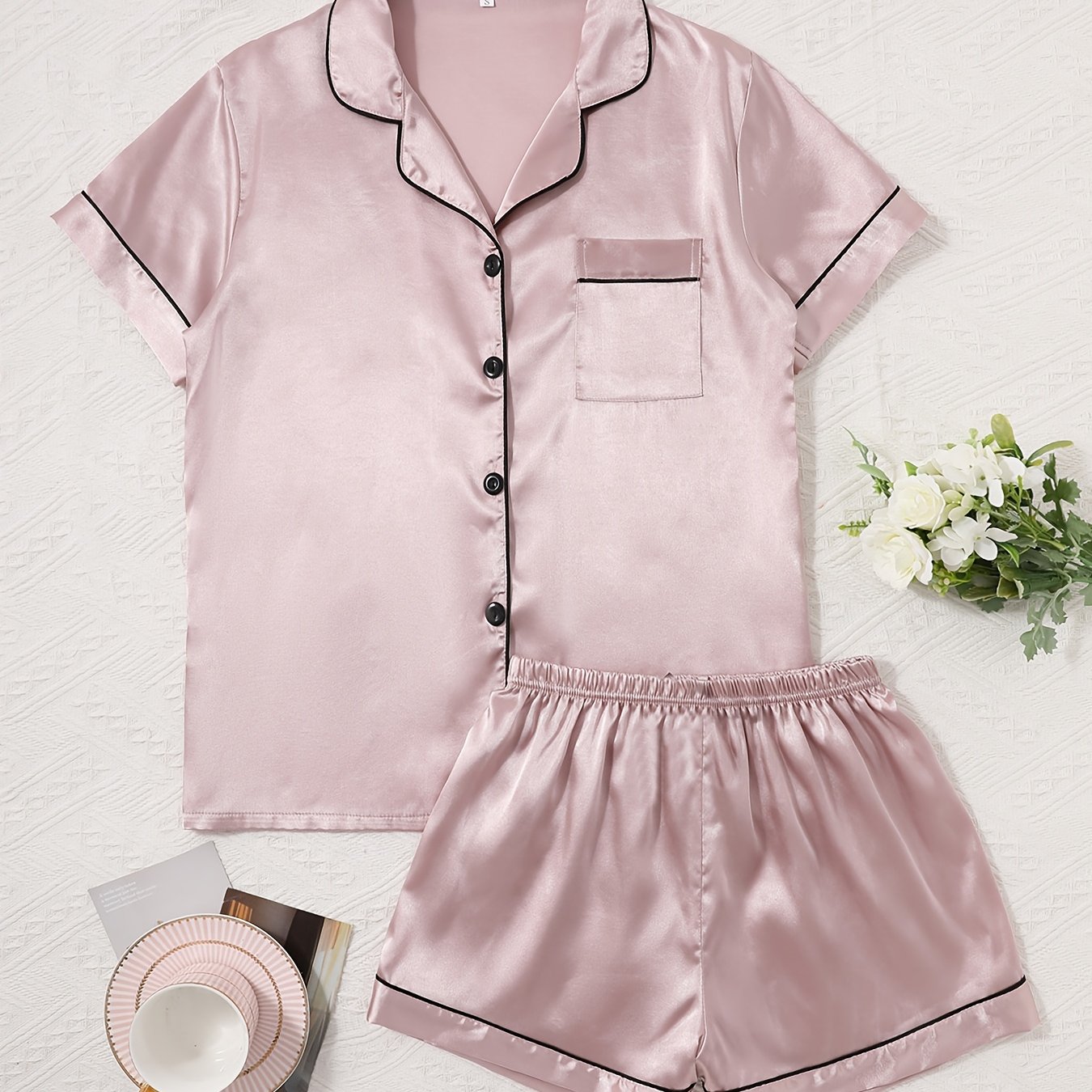Image of Solid Satin Pajama Set, Short Sleeve Pocket Buttons Top & Waistband Shorts, Women's Sleepwear & Loungewear