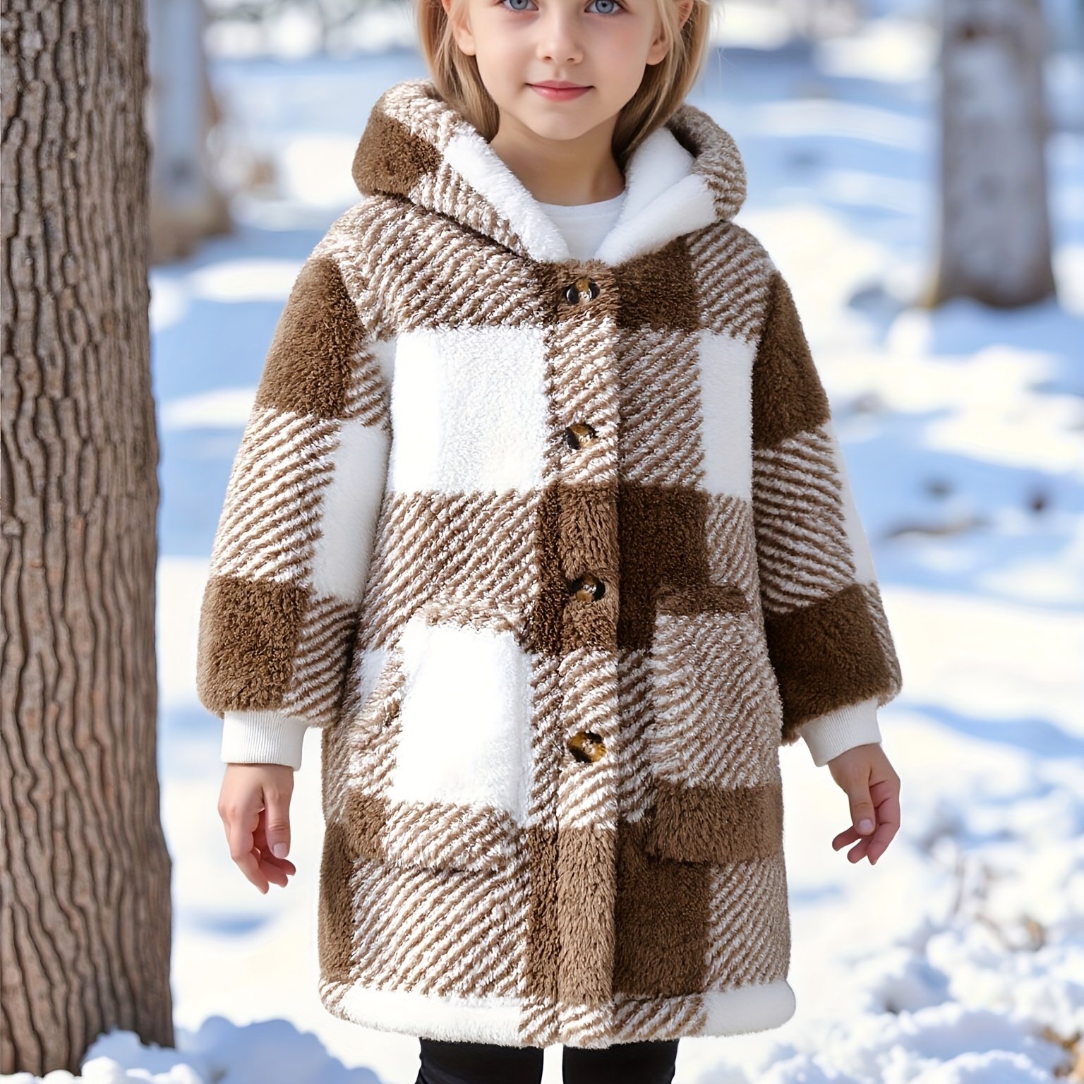 Image of Girls' Fashion Plush Bubble Check Thickened -lined Long Hooded Jacket