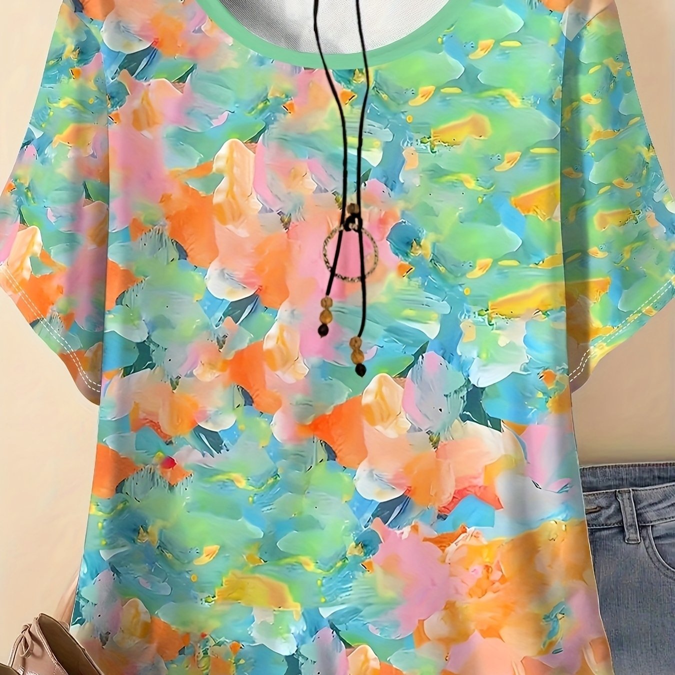 Plus Size - Casual Vacation Comfortable Elegant Style Colorful Painting Gradient Element Printed Pattern Women's Round Neck Plus Size Short Sleeve T-shirt