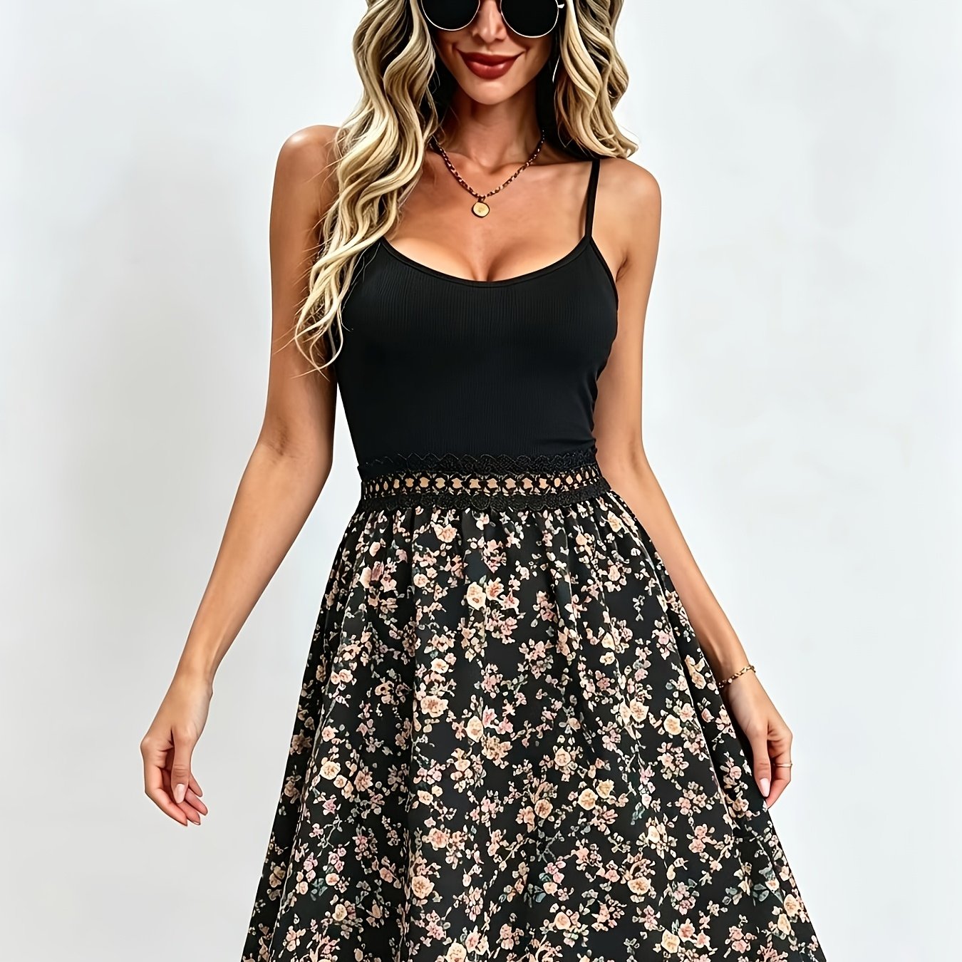 Hollow-out Waist Floral Strap Long Dress