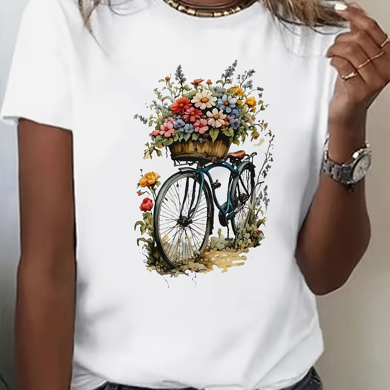 Image of Women's Floral Bicycle Scenery Printed Short-sleeve Round Neck T-shirt, Casual Sports Top Suitable For