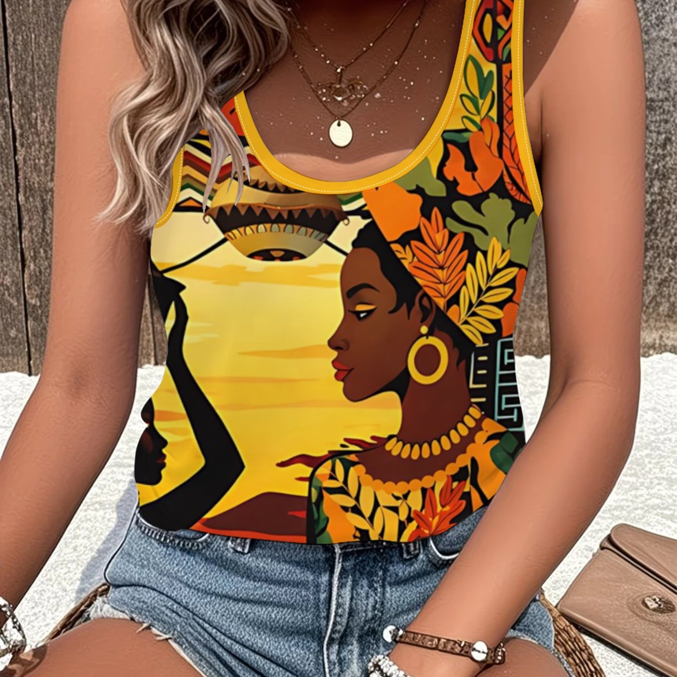 TEMU Chaleco con estampado de personajes de estilo africano para mujer, Top ajustado sin con cuello , Chaleco de estilo