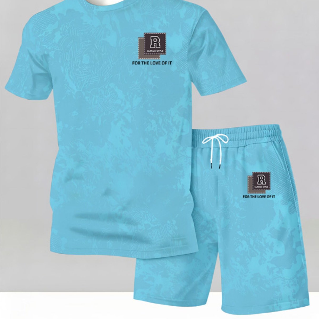 TEMU Men's Quick-drying Sports Suit Summer Round Neck Breathable Tie-dye Dark Pattern Short Sleeve T-shirt Drawstring Shorts Two-piece Comfortable