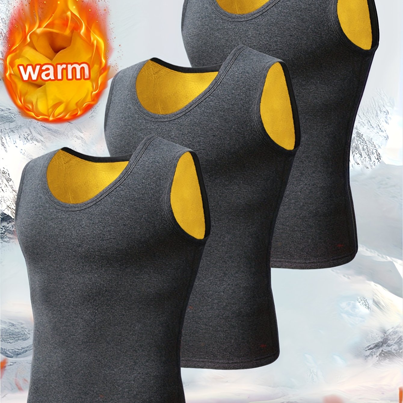 TEMU 3pcs Set Autumn Winter Men's Warm Vest Thickened Fleece Tight Athletic Fitted Warm Windproof Golden Vest Vest Indoor Outdoor Fitness Gym Fabric