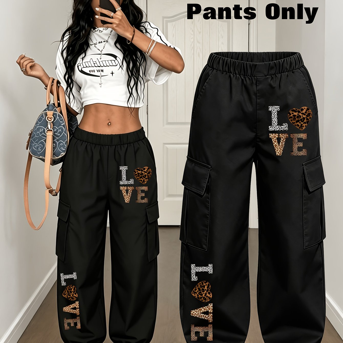 TEMU Plus Size Women's Long Pants, Leopard Print With "love" Heart Lettering, Drawstring Cargo Pants, Women's Multi-pocket Cargo Pants Style,