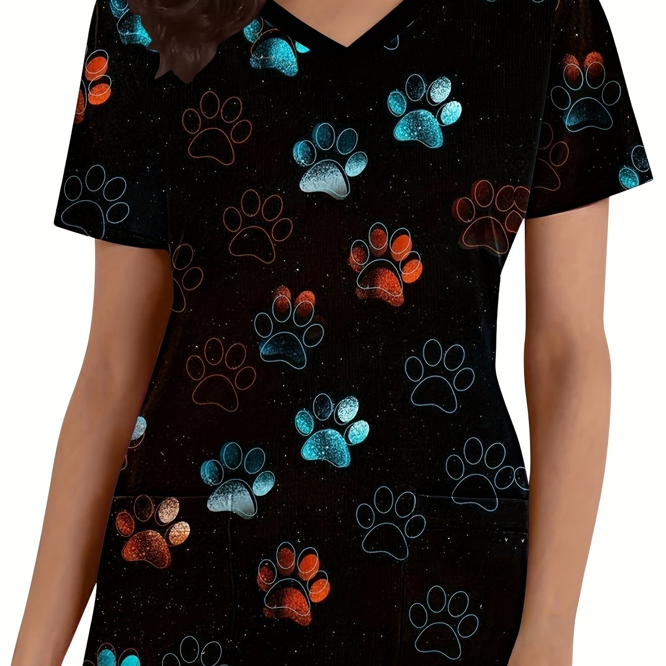 TEMU T-shirt pour femme, col en V à manches courtes avec motif de patte brillante, joli uniforme à poche à patch pour femme, T-shirt pour femme