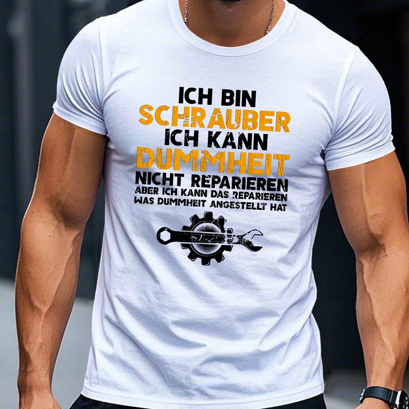 Image of Men' A Mechanic T-shirt - Mechanic-themed Print Short Sleeve Top With & Gear, Round Neck Casual Shirt Suitable For & Casual Attire, Machine Washable For -