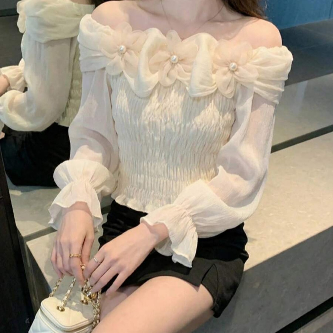 TEMU 【商品名】レディース オフショルダー スリーブ ブラウス - フレンチ・韓国風 ビーズ ル フレンチ ブラウス、無地 長袖 トップス 春のデートやカジュアルウェアに、洗濯機洗い可能、デートに最適