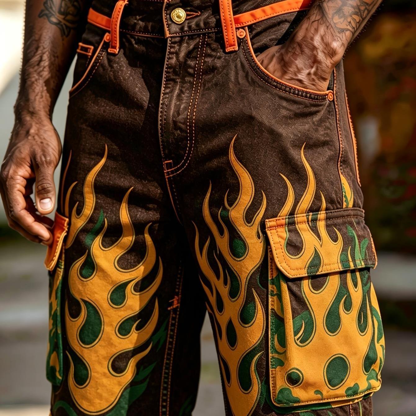 TEMU Men Streetwear Shorts With Flame Tooling & Multi-pocket-machine Washable Hip-hop Pants Suitable For Outdoor, Casual Wear, Teen, Digital Printing