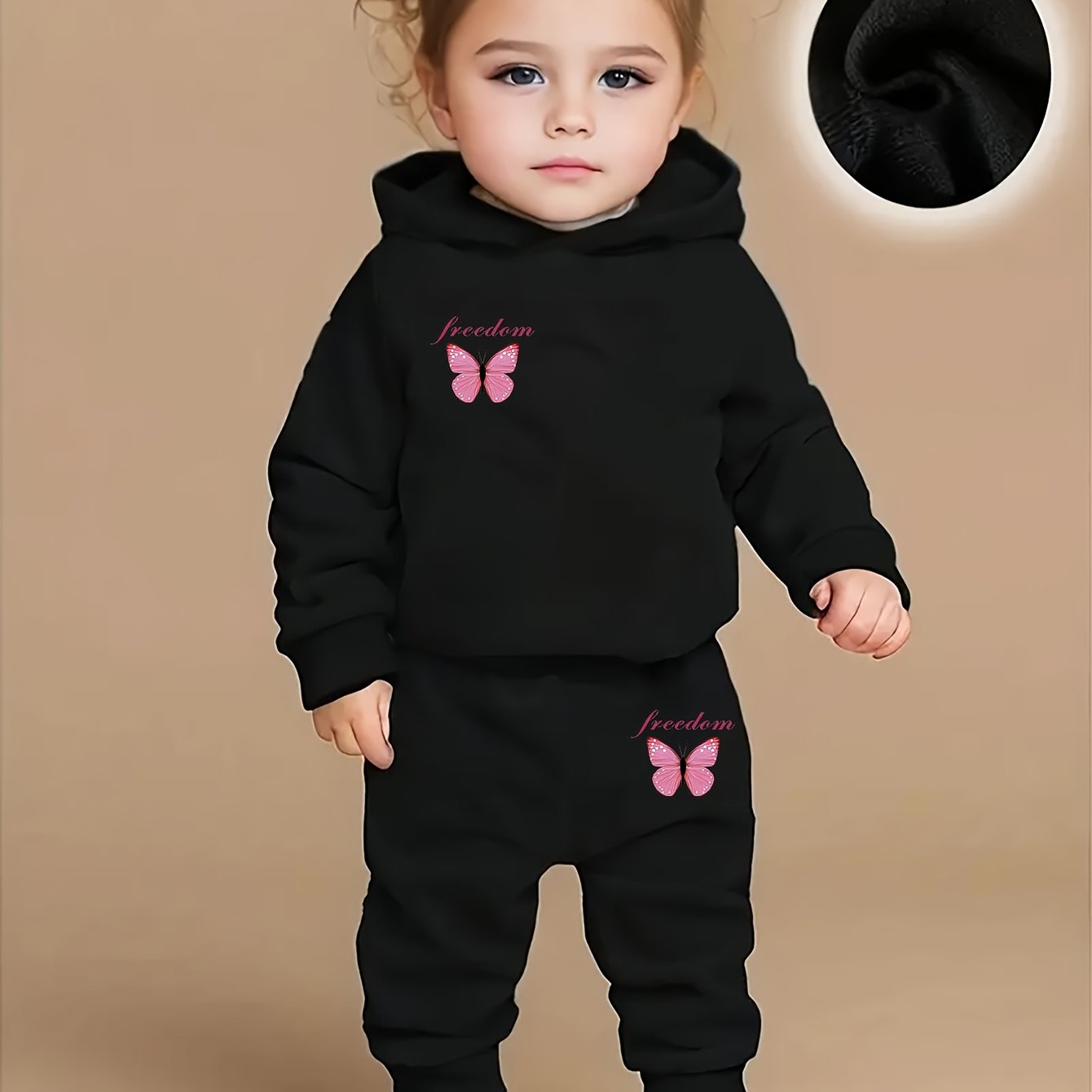 Image of Baby Girl Long Sleeve Fleece Print Hooded Sweatshirt And Fleece Pants Casual Sports Set, For Outdoor