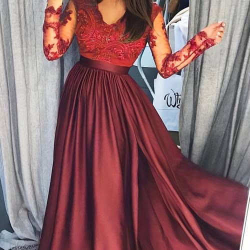 womens crochet lace formal dress solid color long sleeve party wedding dress bridesmaid long dress