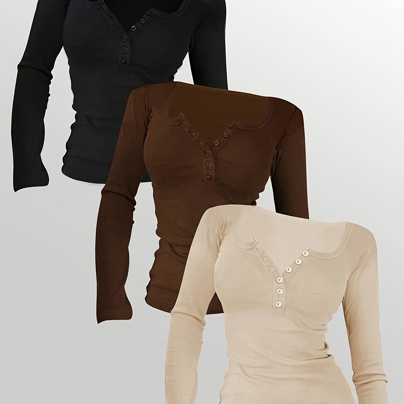 TEMU 3pcs Set Women' Color Button-up Half- Long-sleeve Casual T-shirt, Suitable For Layering, For Spring, Summer, Autumn, And Winter