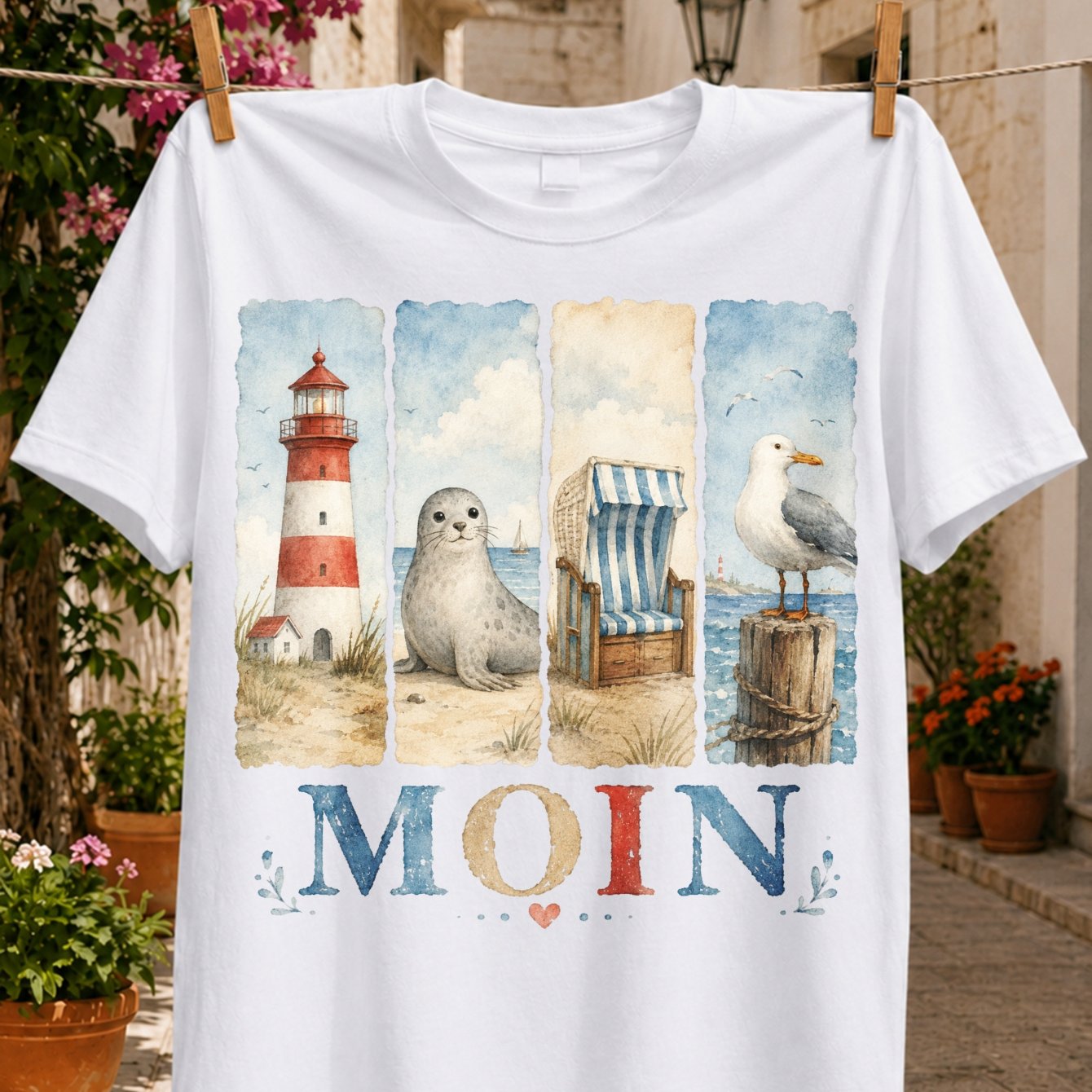 Image of Moin Coastal Watercolor Lighthouse Seal Beach And Seagull In 4 Seaside Panel Illustrations Unisex All T-shirt
