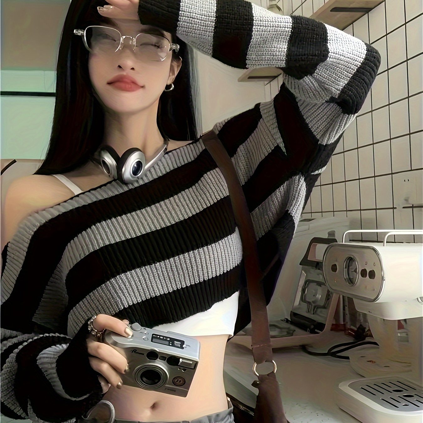 TEMU Print Neck Sweater, Y2k Long Crop Sweater For & Fall, Women's Clothing