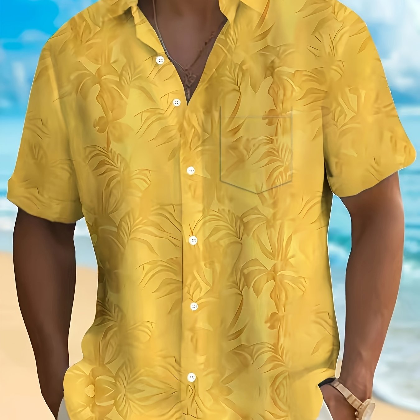 TEMU Men's Hawaiian Aloha Shirt- Mustard Yellow Tropical Style Button-up Top Made Of Lightweight Breathable Fabric Suitable For Beach Vacations,