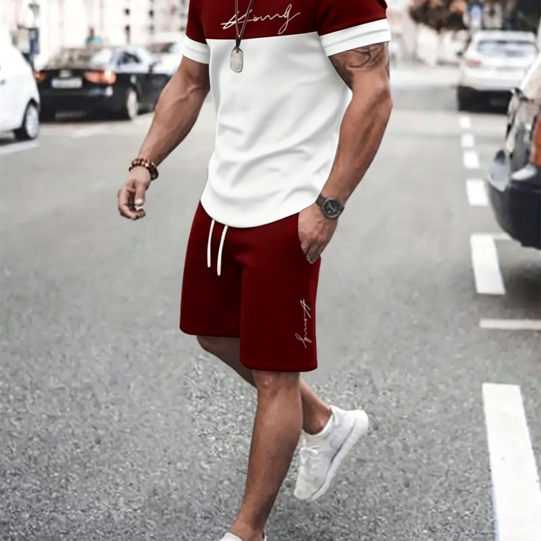 TEMU New 3d Men's Casual Short Sleeve Shorts Set With , Classic Striped Design, Perfect For Summer Outdoor Sports, Soft And Comfortable Wear, Ideal