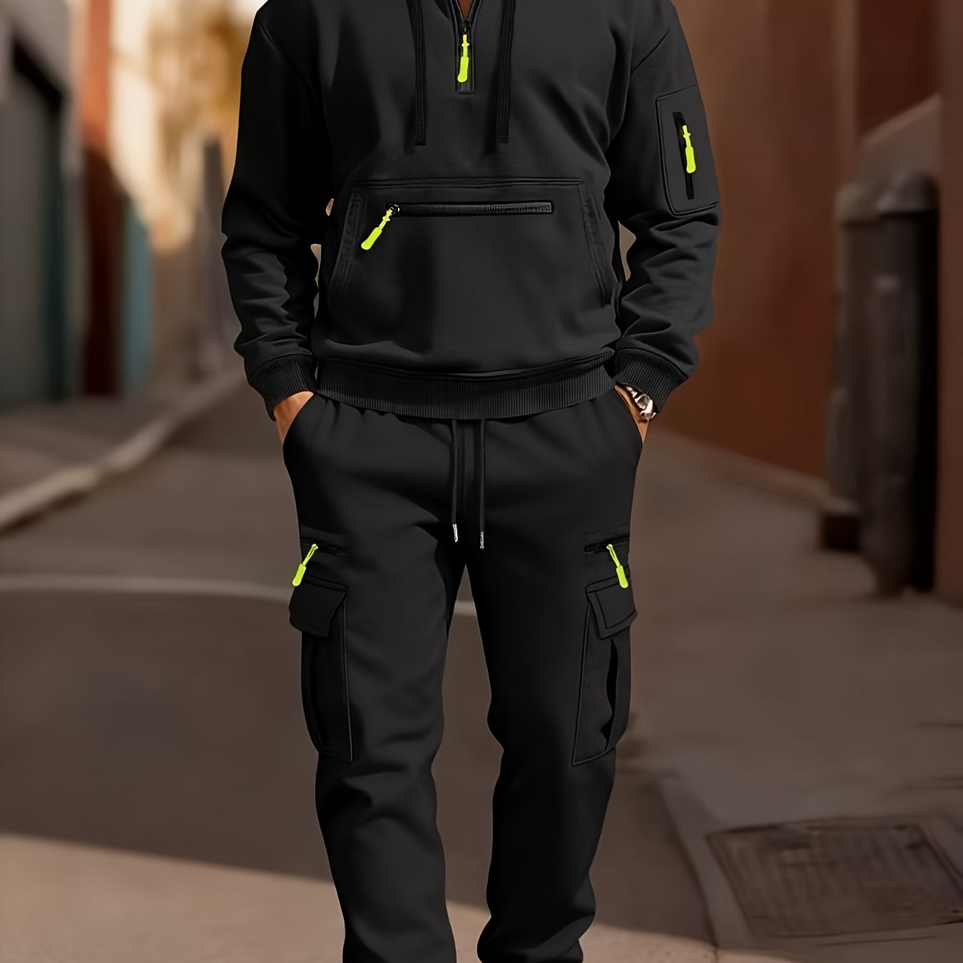 TEMU Outdoor Men' Color Half-zip Pullover Hooded Sweatshirt With Zipper Accent   Athletic Casual Cargo Pants Two-piece Set