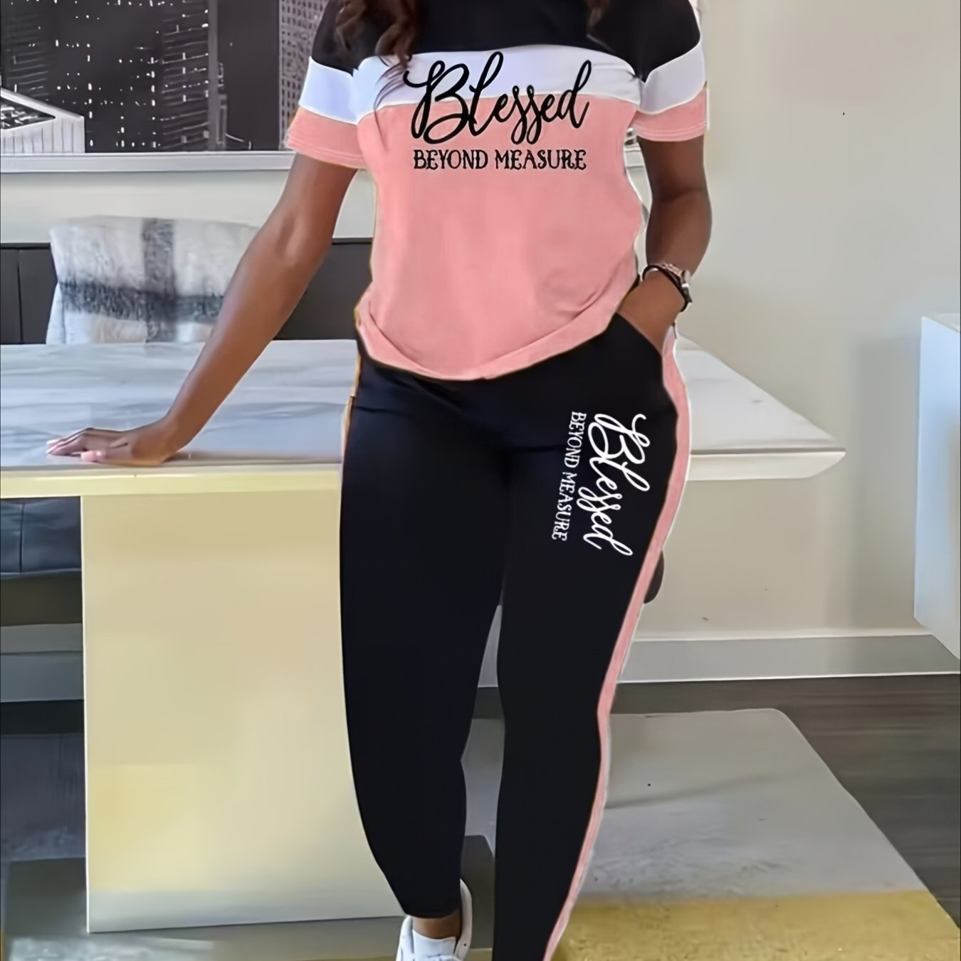 TEMU 2026 And Summer Women's 2pcs Set-casual Color-block "blessed" Pattern T-shirt And Pants With Pockets, Elastic Polyester Blend, Machine Washable,