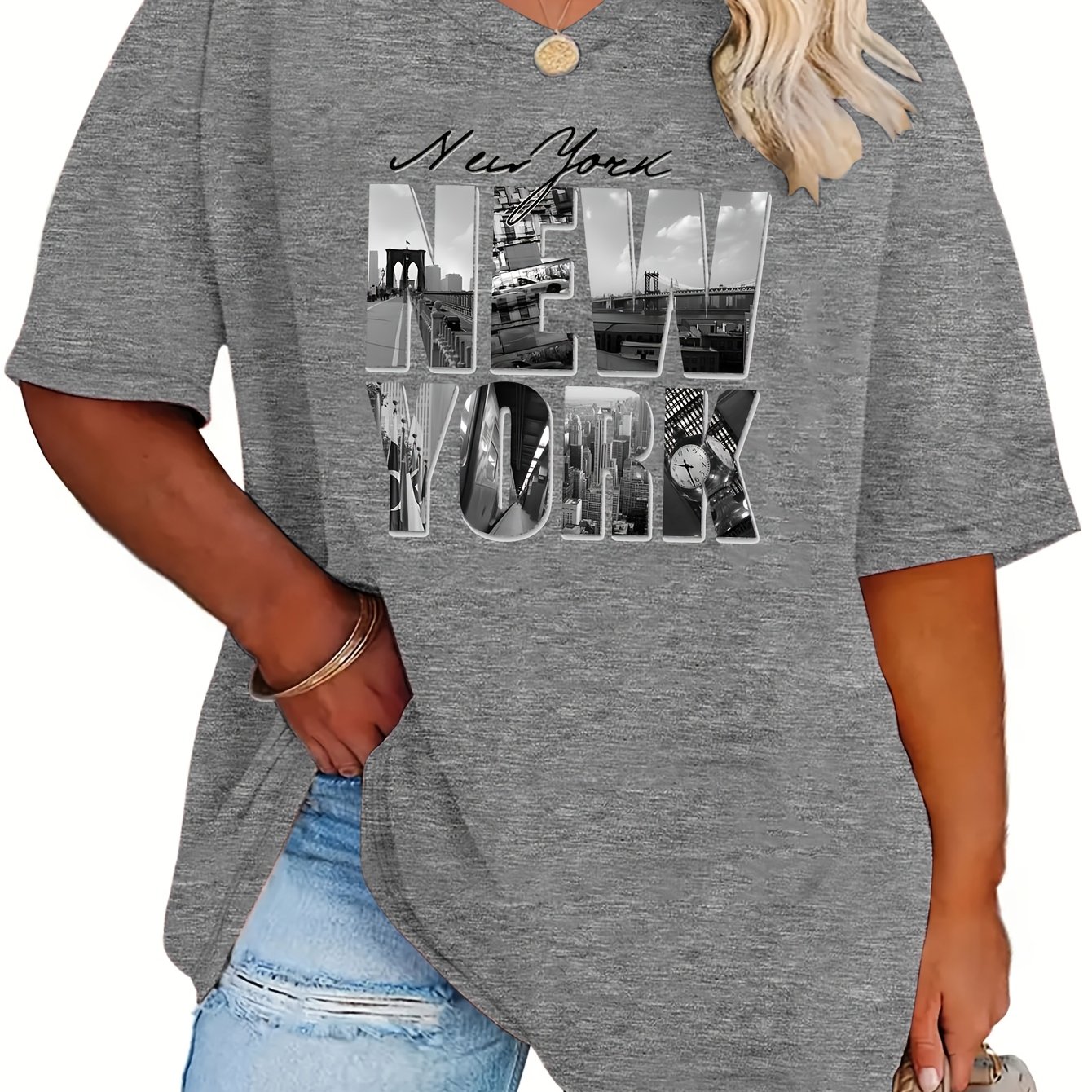 TEMU Plus Size - Spring Summer New Plus Size Women's Fashion Impression Letter Print Loose Drop Shoulder Short Sleeve Shirt High Quality Women's Top