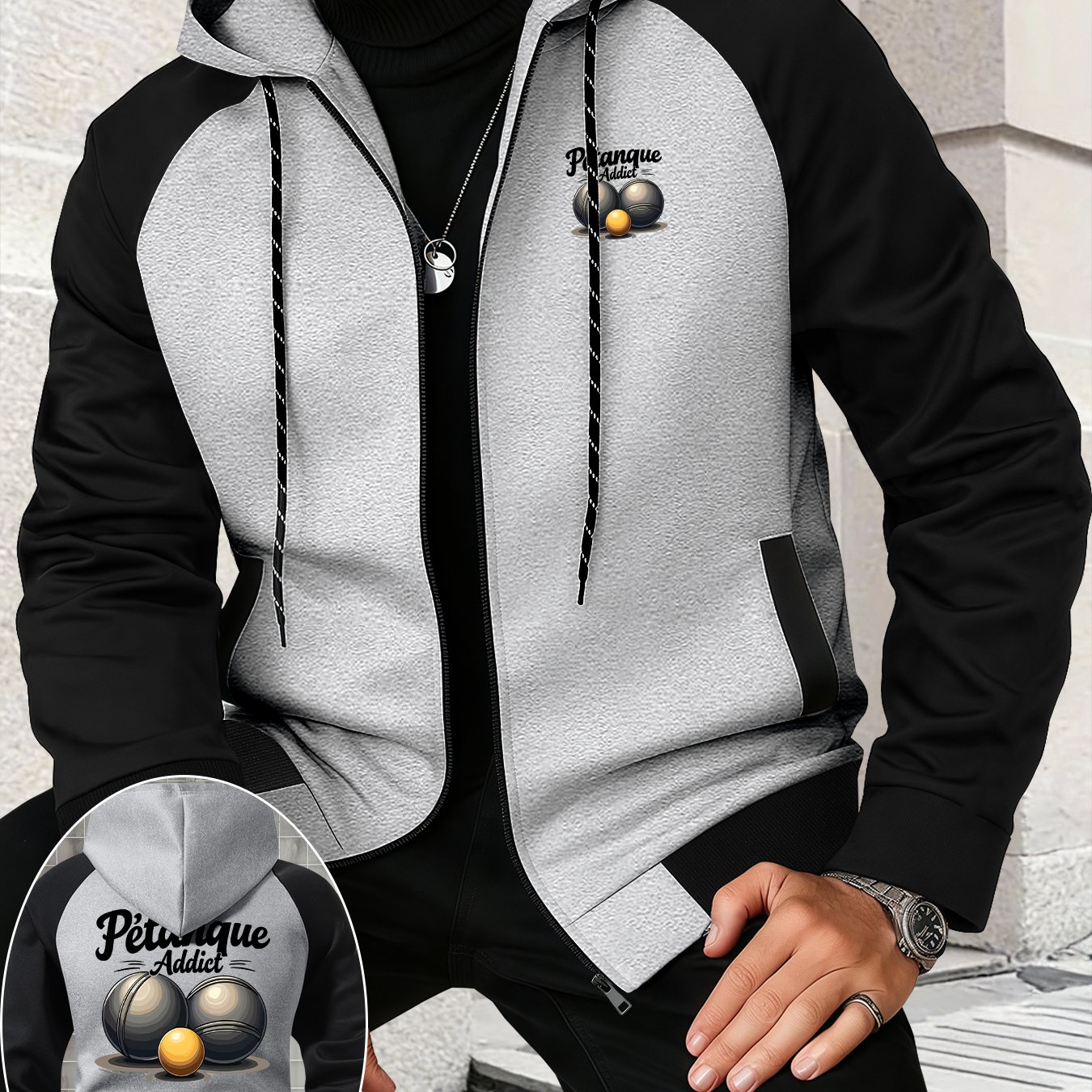 TEMU Men's Trendy Spring/autumn Hooded Color-block Jacket, Petanque Print, Business Casual Hooded Jacket, Versatile Top Dual-tone Outerwear, Jacket