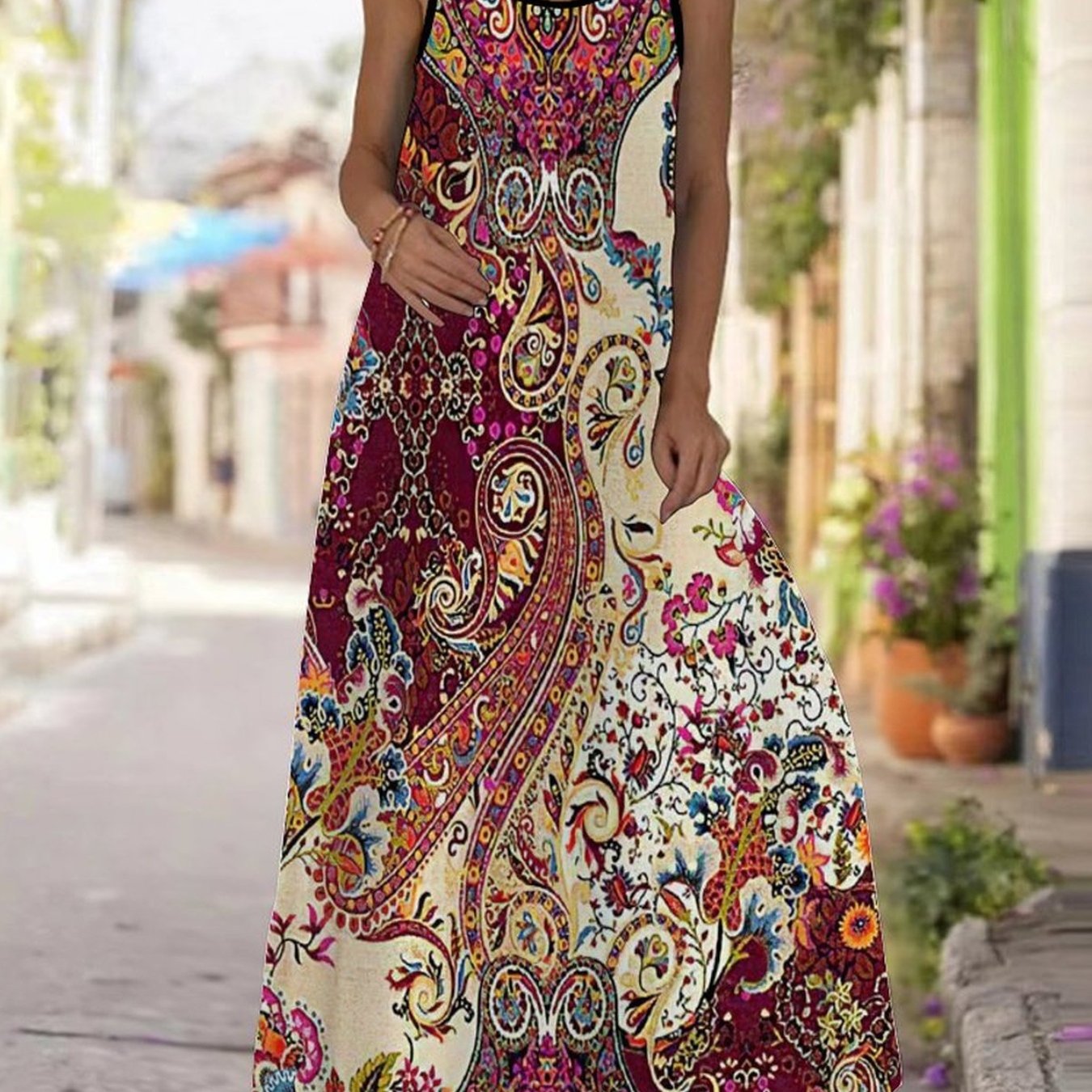 Plus Size, Women's Plus Size Spaghetti Strap Round Neck Dress, Boho Print, Ideal For Daily, Date & Party Wear