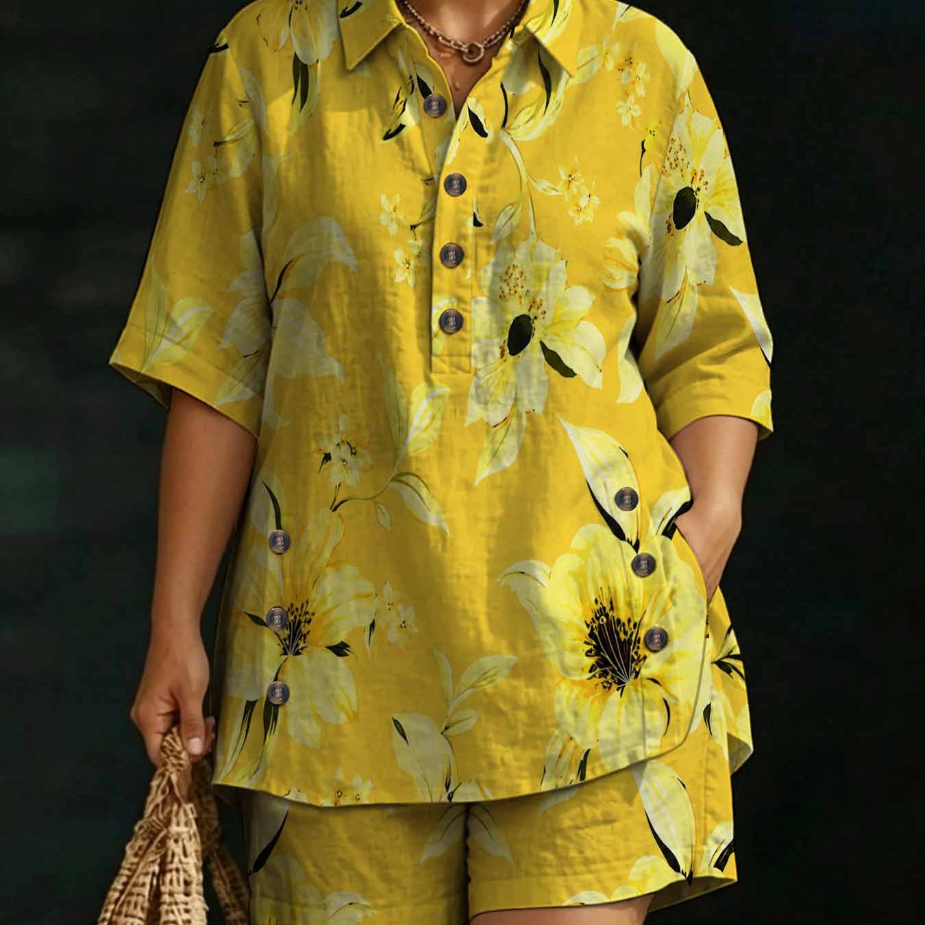 Image of Plus Size Women'-piece Yellow Floral Set, Elegant Bohemian Summer Casual Pocket Button- Shirt And Shorts Outfit, Comfortable Breathable Loose Fashion Beach Resort Wear