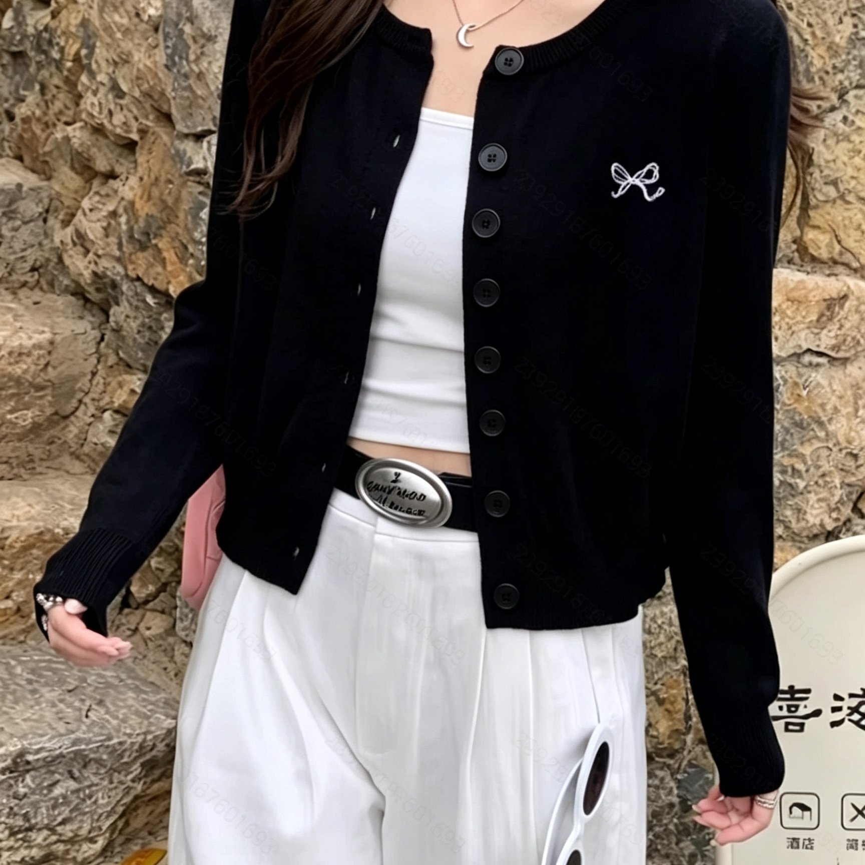 TEMU And Autumn Bowknot Embroidery Cardigan Long Sleeve Coat, Single-breasted Short Versatile Top.