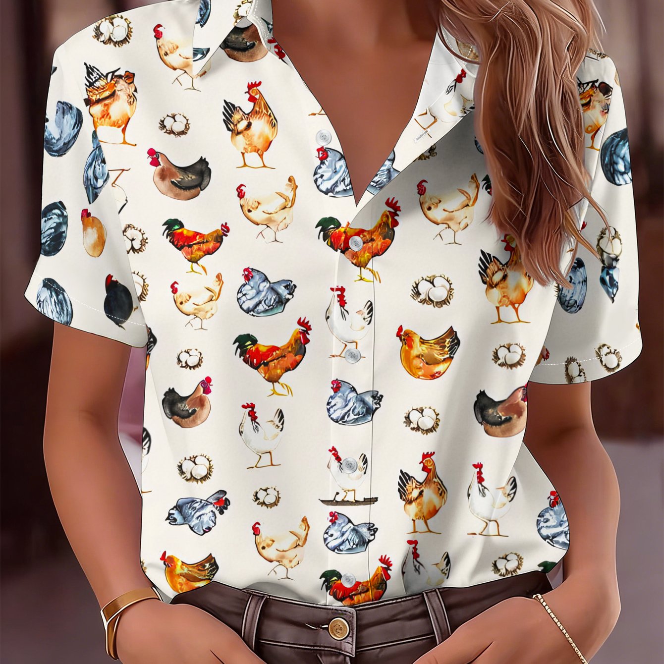 TEMU Women's Short-sleeve Button-up Shirt With Chicken & Egg Print Collar - Full-body Poultry Blouse-compatible Top | Machine Washable Spring Summer