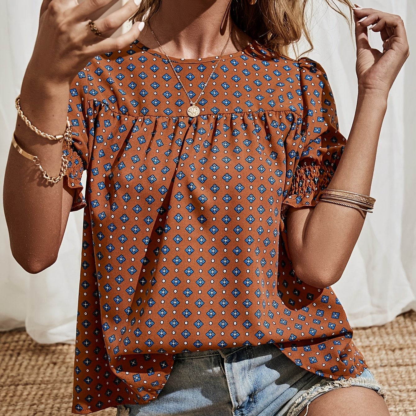 And Autumn Round Neck Ethnic Style Pattern Printed Bubble Ruffle Sleeve Loose Fashion Commuter Women's Shirt