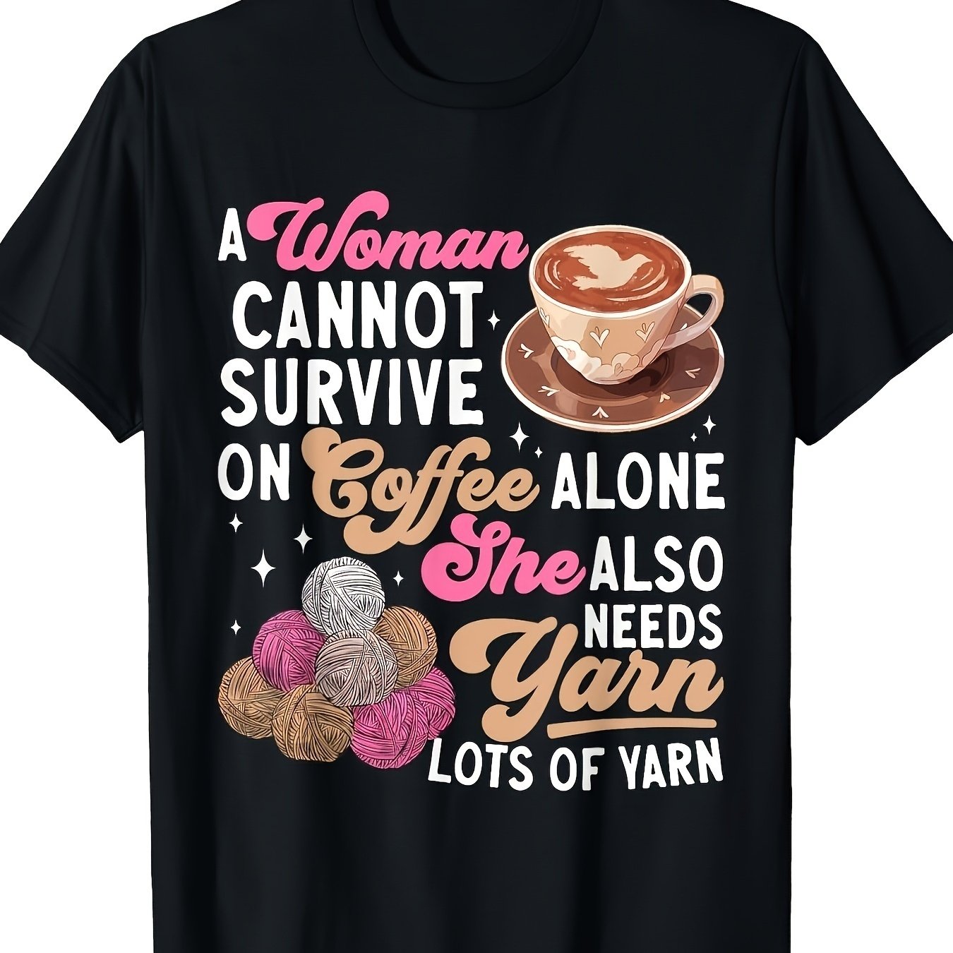 TEMU Men's & Women's Crochet Coffee Graphic T-shirt, Heavyweight Casual Round Neck Short Sleeve With Funny Yarn And Coffee Cup Design, Crochet Hook