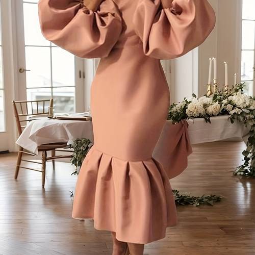 womens elegant v neck bubble sleeve midi dress in solid for parties banquets valentines day in yellow polyester and spandex blend hem cute dresses