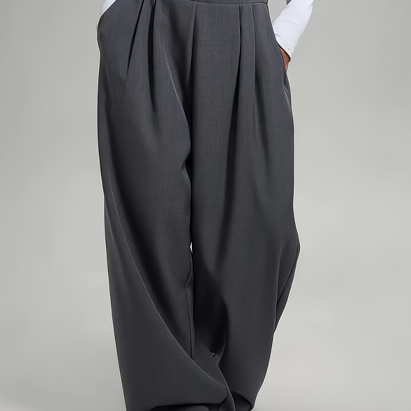 TEMU Pantalones elegantes de talle y pierna ancha | Color liso, largo, cintura elástica, detalles de bolsillos, para todas y ocasiones casuales de